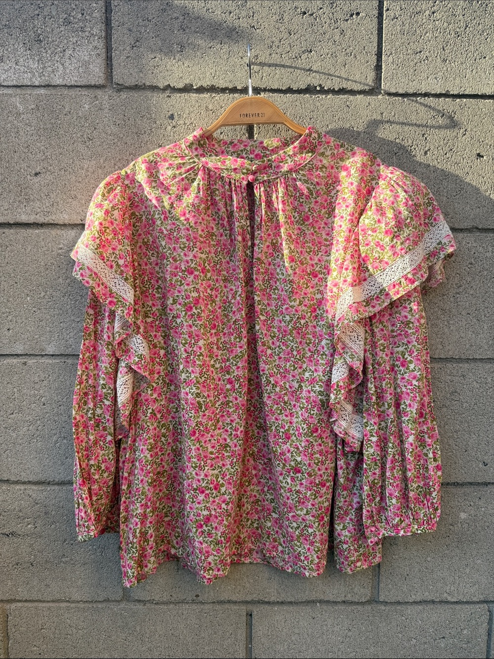 Pink Floral Ruffle Blouse with Lace Trim Ruffles